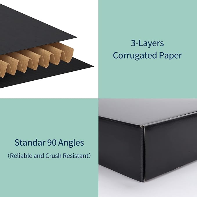 Rempry 12x9x3 Inches Black Shipping Boxes 20 Pack, Corrugated Cardboard Mailer Boxes for Packaging, Gift Boxes with Lids for Small Business