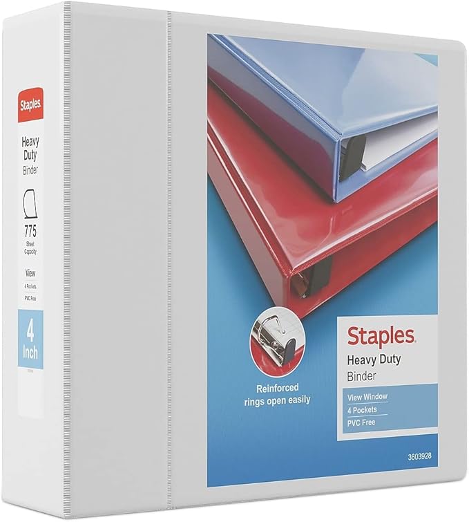 Staples Heavy-Duty 4-Inch D-Ring View Binder, White – Extra Large Capacity 3-Ring Binder for Office & School
