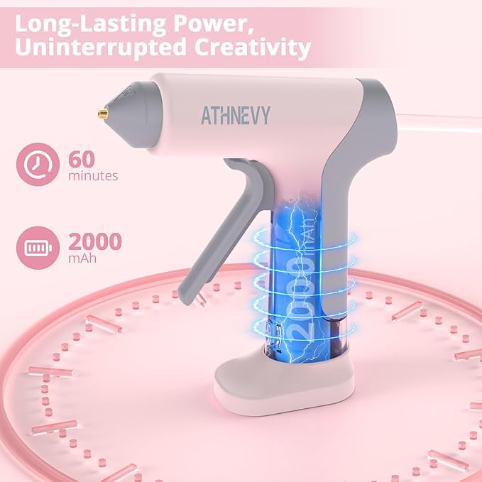 Cordless Hot Glue Gun, 10s Fast Preheat, 30PCS Mini Glue Sticks 7x100mm, 4V 20W Type-C Rechargeable, Anti-Drip, Auto-Off, for DIY Crafts, Repair, Decoration (Light pink)