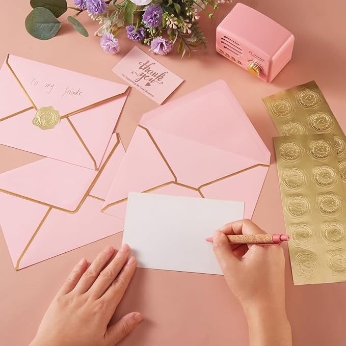 50 Pieces A7 Envelopes with Gold Border, 5.24 x 7.21 Inches Envelopes with Gold Stickers for Greeting Cards and Invitation (Pink, A7-5x7)