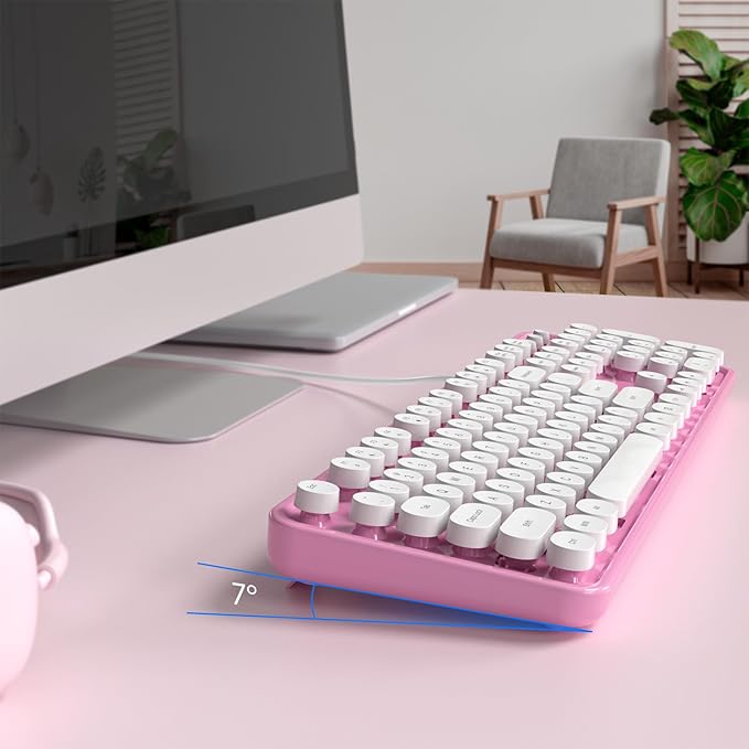 Computer Keyboard Wired, Plug and Play USB Retro Round Typewriter Keyboard, Full Size Wired Keyboard with Foldable Stands for Laptop and Office PC