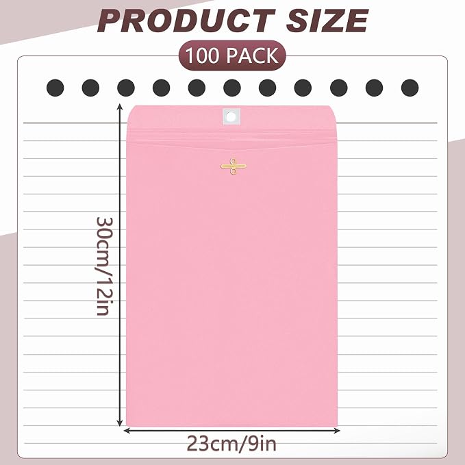 Geyee 100 Pcs Clasp Manilla Envelopes 9 x 12 Inch Gummed Colored Envelopes for Storing or Mailing for Home Office Business Supplies(Cherry Color)