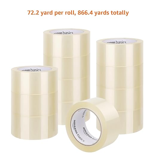 Amazon Basics Shipping Packing Tape for Packaging, Moving and Storing, Clear, 1.88 in x 72.2 yards, 1.8mil Thickness, 12-Roll