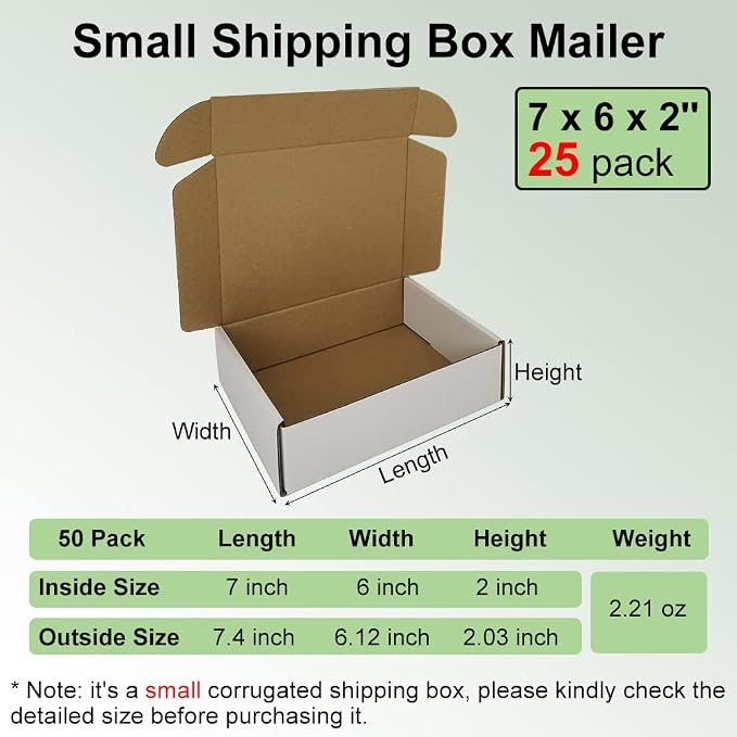 7x6x2'' Small Shipping Boxes 25 Pack, White Corrugated Cardboard Literature Mailers, Mailing Packaging Supplies for Small Business (W762-25)