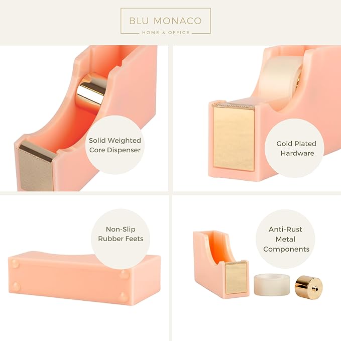 BLU MONACO | Acrylic Tape Cutter Dispenser for Desk | Cute Tape Dispenser Desk with Heavy Duty Base | Pastel Pink Desktop Tape Holder for Office Home