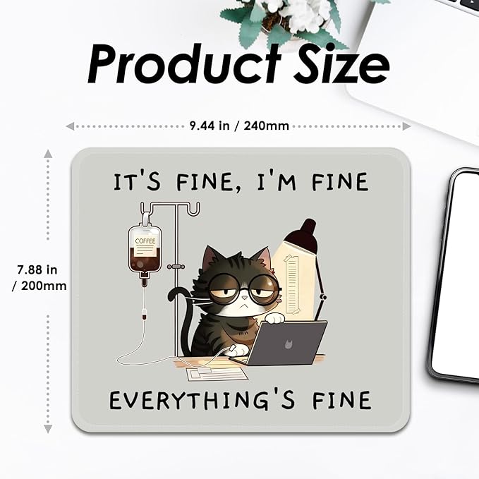 Mouse Pad with Stitched Edges - Funny Cat Mousepad for Women, 9.25 x 7.75 inch Washable Square Desk Pad, Non-Slip Rubber Base, Office Home Laptop Accessories - Overworked Kitty