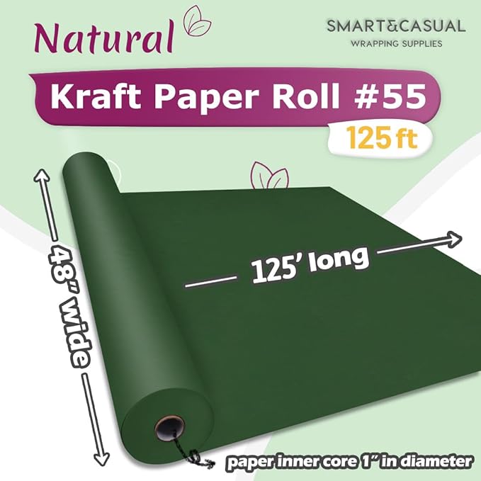 SMART&CASUAL 48" x 1,500" (125') Dark Green Kraft Craft Paper Roll for Gift Wrapping Bulletin Board Bouquet Flower Kids Art Packing Parcel Table Covering 80GSM 55LB (Dark Green, 48" x 125')