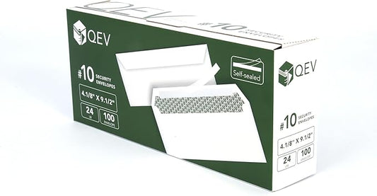 100 count #10 Self Seal Security Letter Size Envelopes, No. 10 or 4.1/8" x 9.1/2", 24 lb White Paper, Windowless