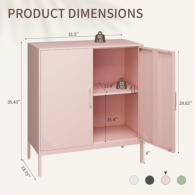Metal Storage Cabinet,Storage Locker Cabinet with Shelves 2 Door Lockable Cabinet Pink Locking Tool File Cabinet Sideboard for Office, Garage, Bathroom