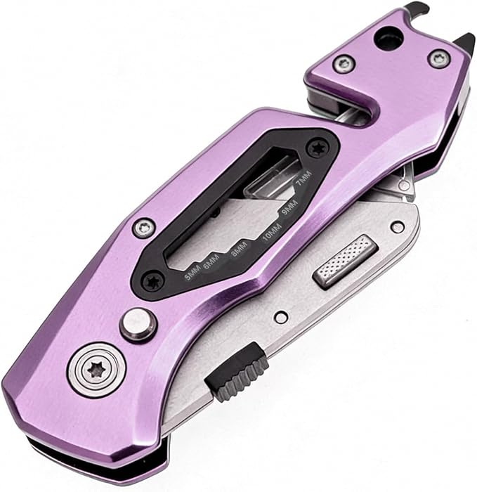 Utility Knife Folding Safety Lock Quick Change with 10 Extra SK5 Replacement Blade Lightweight Aluminum Handle & Pocket Clip Multi-Use Box Cutter Office Home Art Diy Great Gift Choice (UPG.V.Purple)
