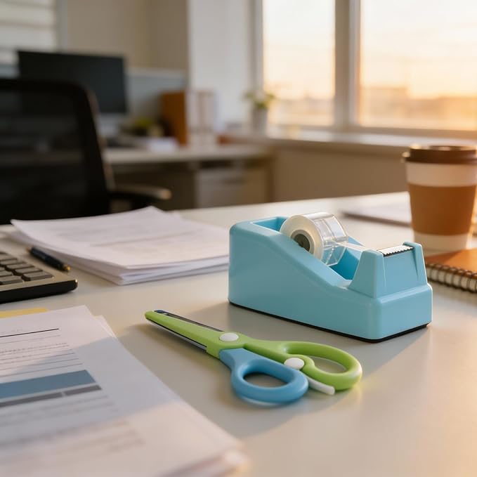 Desktop Tape Dispenser Kits with Weighted Nonskid Base Tape Dispenser- Includes 9 Rolls of Transparent Tape(0.71 Inch x 500 inches Each) & Blue Scissors, 2 Pcs Tweezers (Lake Blue)
