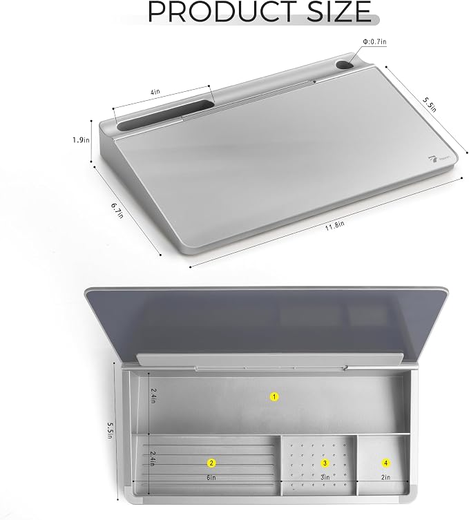 TOWON Glass Desktop Whiteboard with Storage 12x7 in, Metallic Silver | Glossy metallic mirror finish, 5 markers, eraser and holder included, dry erase surface for the office or home desk