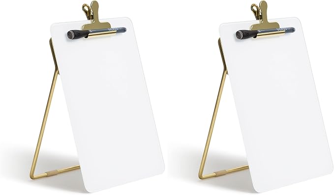 U Brands Glass Dry-Erase Desktop Easel, Tempered Glass, Gold Metal Stand, Removable Clip (Pack of 2)