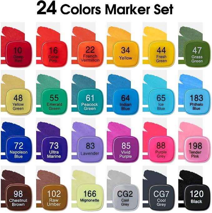 TRANSON Alcohol Markers for Drawing Coloring 24 Colors Dual-tip Fine and Brush Tips