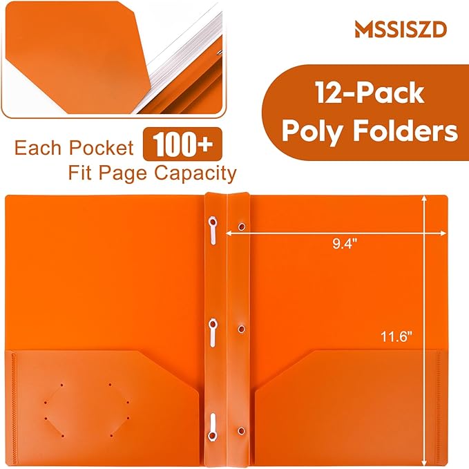 6-Pack Plastic Folders with Pockets and Prongs,2-Pocket Folders with 3 Fasteners, Holds 8-1/2" x 11" Paper for School/Office/Home, Orange