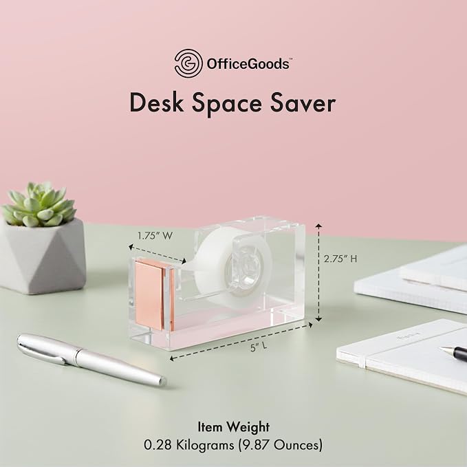 OfficeGoods Acrylic Tape Dispenser, Aesthetic and Compact Design, Rose Gold | Modern desk accessory for office, Heavy duty refillable tape holder for crafting, Stylish desktop accessory for gift wrapping