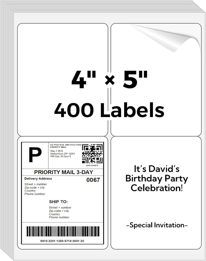 100 Sheets 4" x 5" 4 up FBA Shipping Labels for Packages | 400 Pcs Printable White Matte Address Mailing Labels for Laser/Inkjet Printer (4 Labels per Sheet)