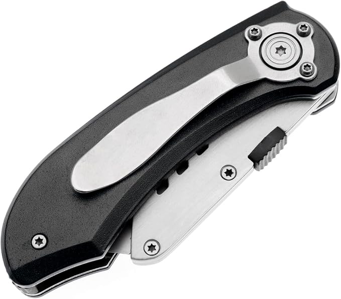 Utility Knife Folding Safety Lock Quick Change with 10 Extra SK5 Replacement Blade Lightweight Aluminum Handle & Pocket Clip Multi-Use Box Cutter Office Home Art Diy Great Gift Choice (New.Black)