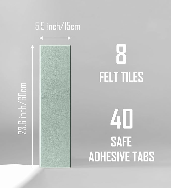 Shiplap Felt Wall Tiles (8-Pack) - Large 24x6 Acoustic Pinboard & Sound Dampening Memo Board, Decorative Bulletin Board with Included Adhesive Mounting Tabs -Mint