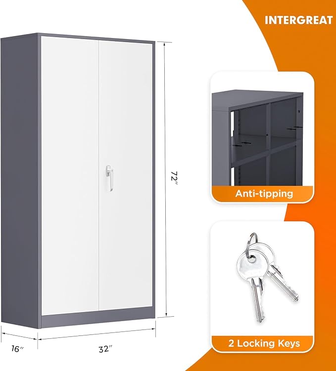 Metal Storage Cabinet Doors, 72" Locking Steel Storage Cabinet with Shelves, Tall Lockable Steel Cabinets for Home Office, Garage(New Grey)