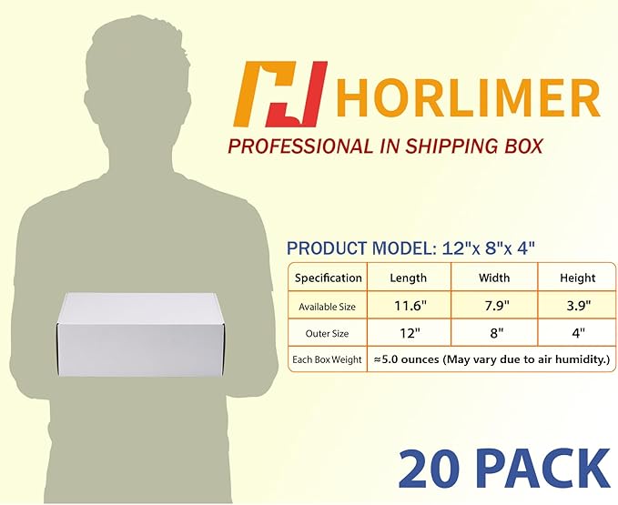 HORLIMER 12x8x4 Shipping Boxes Set of 20, White Corrugated Cardboard Mailer Box for Packing Small Business