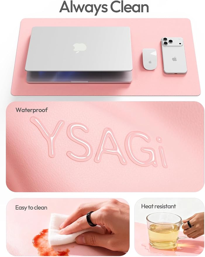 YSAGi Leather Desk Protector, Office Mat, Large Mouse Mat, Non-Slip PU Leather Blotter, Laptop Desk Pad, Waterproof Writing Pad for Office and Home (Light Pink, 31.5" x 15.8")