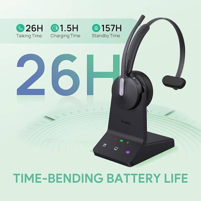 Yealink WH64 Mono DECT & Bluetooth Wireless Headset for Phone PC Cellphone | Teams Certified Single On Ear Headset, 3X Noise Canceling Mic, 26H Talk Time, 606 ft Long Range for Office Call Center