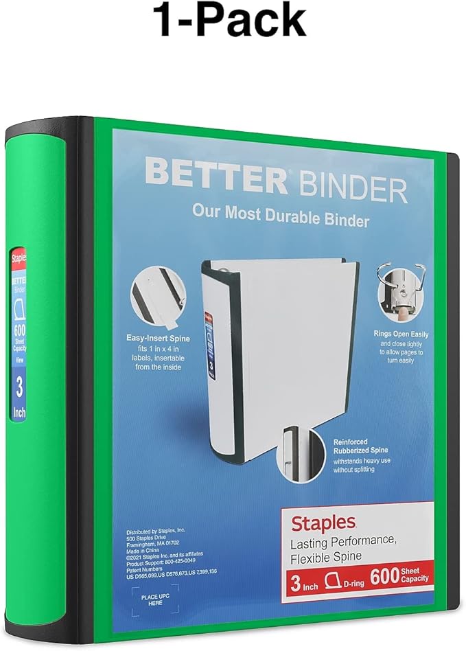 Staples Heavy-Duty 3-Inch D-Ring Binder, Green – Large Capacity 3-Ring Binder with Pockets, Holds Up to 600 Sheets