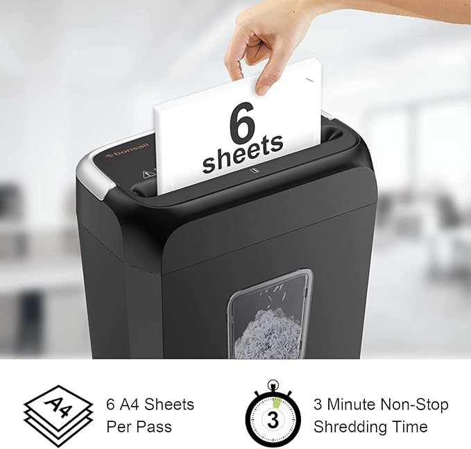 Bonsaii Paper Shredder for Home Use, 3.4 Gal Wastebasket, 6-Sheet Crosscut Paper and Credit Card Shredder for Home Office with Handle for Document,Mail,Staple,Clip (C237-B)