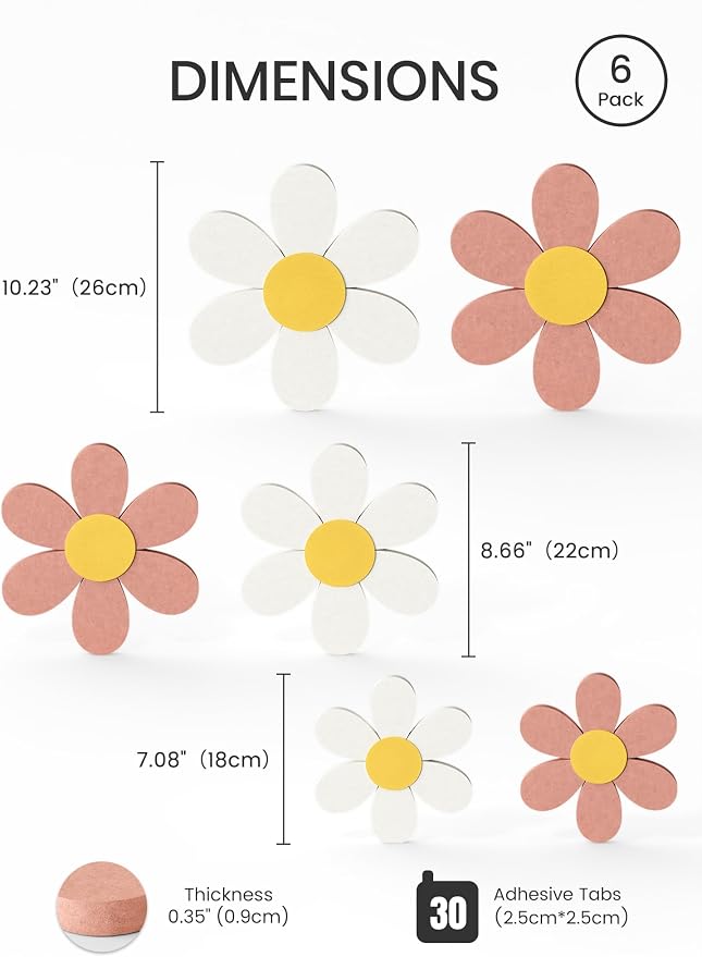 Fluxynara 6 PCS Daisy Felt Flower Wall Decor, Daisy Bulletin Board for Nursery & Girl Room, 3-Size Acoustic Felt Wall Art for Bedroom, Baby’s Room, Kids’ Spaces, Pink/White