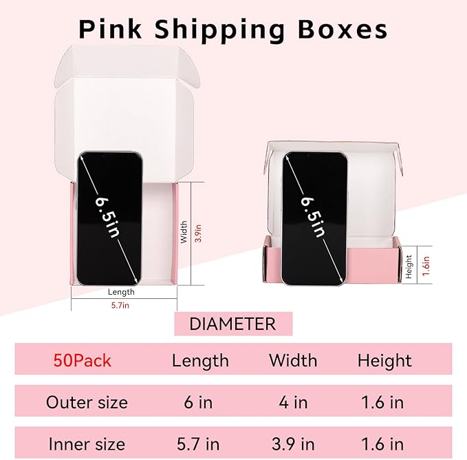 6x4x1.6 Inch Small Shipping Boxes, Pack of 50 Pink Cardboard Boxes, Mailer Packaging Boxes for Gift