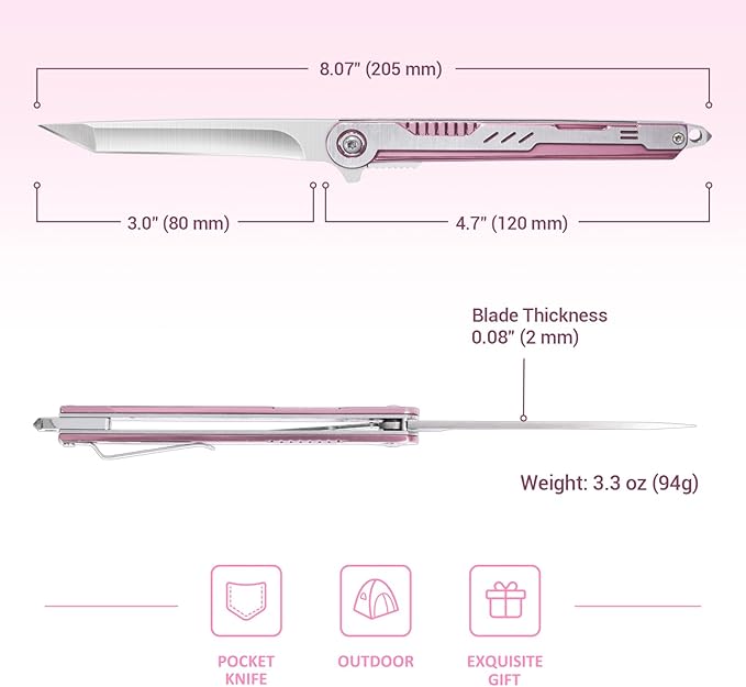 Pink Pocket Knife for Women - Slim EDC Knife with 7CR13Mov Steel Tanto Blade, Clip and Glass Breaker - Womens Knife for Self Defense - Cute Girl Survival Tool Pocket & Folding Knives