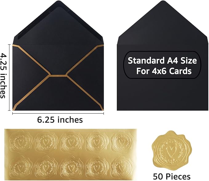 50 Pieces Black A4 Envelopes with Gold Border, 4.25x6.25 Inches Envelopes with Gold Stickers for Greeting Cards and Invitation (Black, A4-4x6)