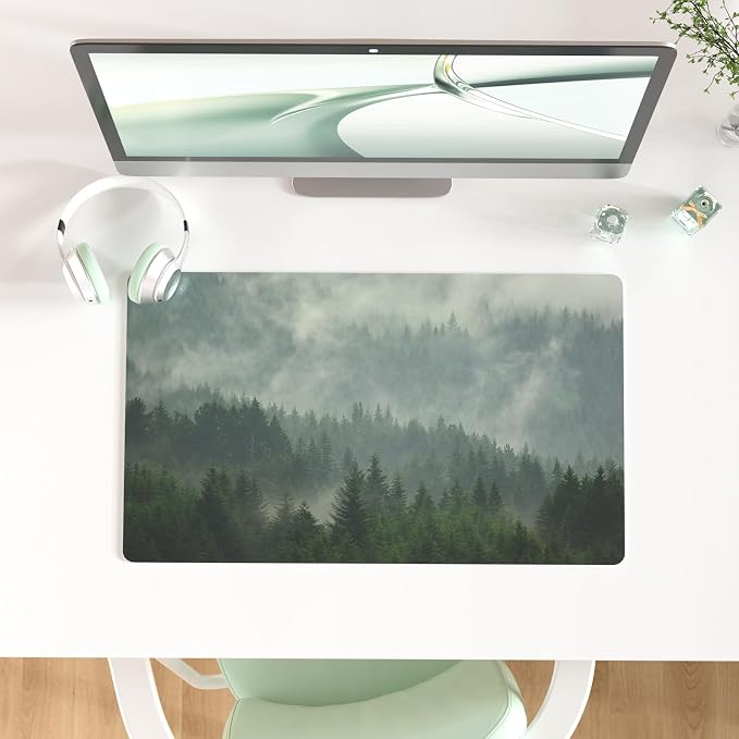 Colorful Star Large Mouse Pad, PU Leather Waterproof Desk Mat, Computer Gaming Mouse Pad, XXL Full Desk Mousepad Non Slip Desk Pad for School Office Home 23.6" x 13.8" - Foggy Forest Valley