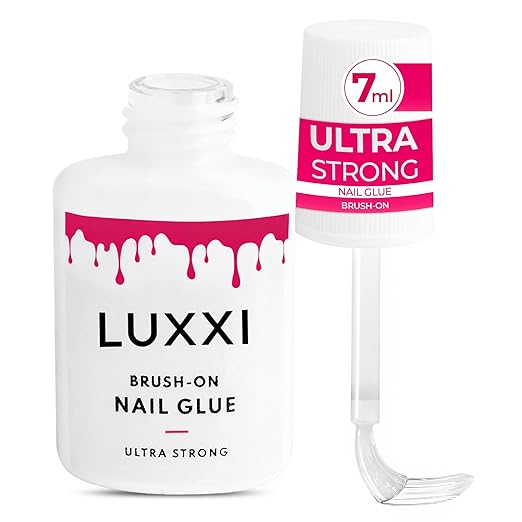 LUXXI Brush On Nail Glue for Press On Nails - Precision Applicator, Quick Air Dry Adhesive for Nail Tips, Artificial & Acrylic, Long Wear Hold, No Uv Lamp Needed | Pink Gel - 0.24oz