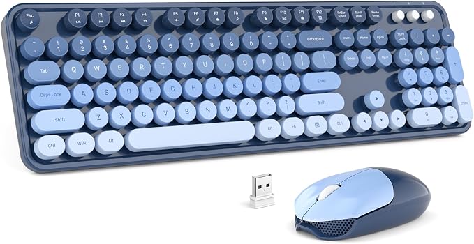 MOFII Wireless Keyboard and Mouse Combo, 2.4GHz Retro Typewriter Keyboard Full Size, Cute Wireless Mice, USB Dongle Plug and Play, for Laptop, PC, Desktop, Windows (Sea Blue Gradient Color)