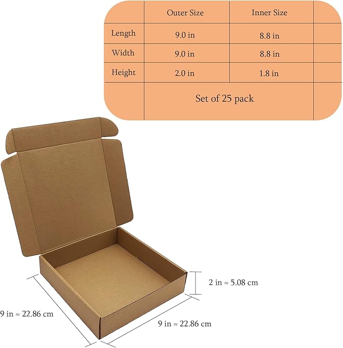 9x9x2 Inches Shipping Boxes Set of 25, Brown Corrugated Mailing Cardboard Box Literature Mailer for Packing Small Business Moving and Storage,E-Commerce Packaging (9"×9“×2”)
