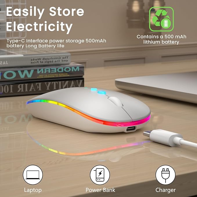 LED Wireless Mouse A100S Rechargeable Portable Silent Mouse with Optional USB and Type-C Receiver 3-Speed Adjustable DPI for PC/Mac/Laptop (Frosted Silver)