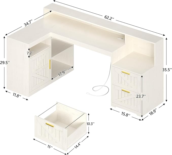 63" Farmhouse L Shaped Desk with Drawers and Printer Stand for Home Office | Computer Desk with Power Outlet, Home Office Desk with Storage Shelves and Monitor Stand, White