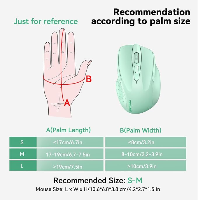 TECKNET Wireless Mouse, BT 5.0/2.4G, Silent 4800 DPI 6 Buttons, Green | Bluetooth 5.0/3.0 & USB A, 2-Device Easy Switch, Wide OS Compatible, 6-DPI, Ergonomic for S/M Hands, Extended Battery