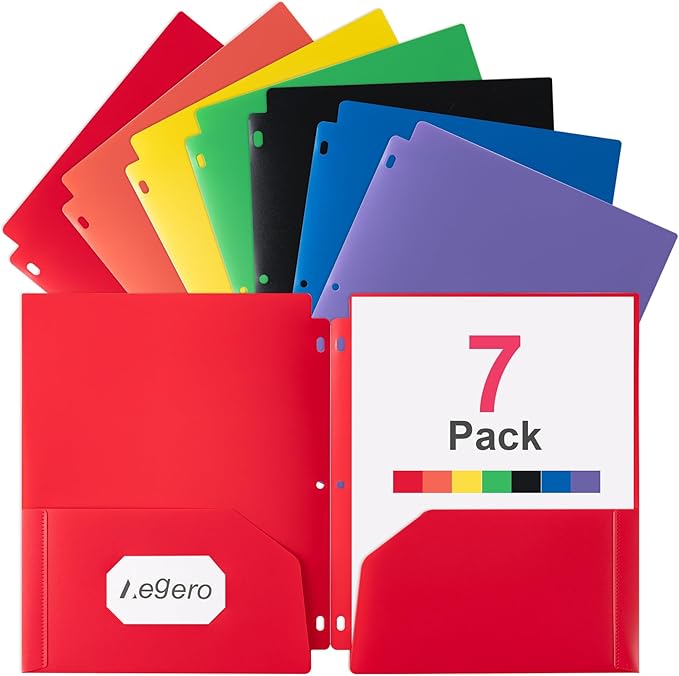 Plastic 3 Hole Punch Folders with Pockets (7 Pack, Assorted Colors), Fits 3-Ring Binder, Divider Folder for Notebook, Durable Poly，Holds US Standard 8.5x11 Letter Size Paper