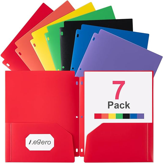Plastic 3 Hole Punch Folders with Pockets (7 Pack, Assorted Colors), Fits 3-Ring Binder, Divider Folder for Notebook, Durable Poly，Holds US Standard 8.5x11 Letter Size Paper