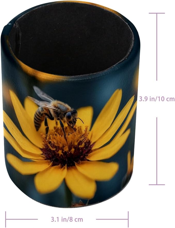 Leather Pen Holder for Desk, Honeybee Pencil Cup Pen Organizer Makeup Brush Holder for Office Home Kids Countertop Desk Accessory Storage