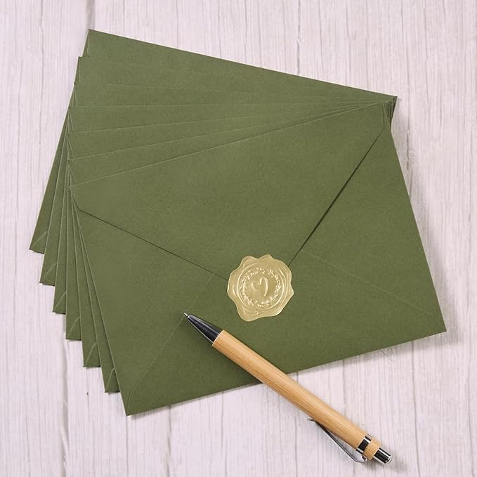 50 Pack A7 Colorful 5x7 Envelopes V Flap Invitation Envelopes for 5x7 Cards, Birthday, Weddings, Graduations, Greeting Cards, Baby Shower 5.24 x 7.24 Inches (Olive Green)