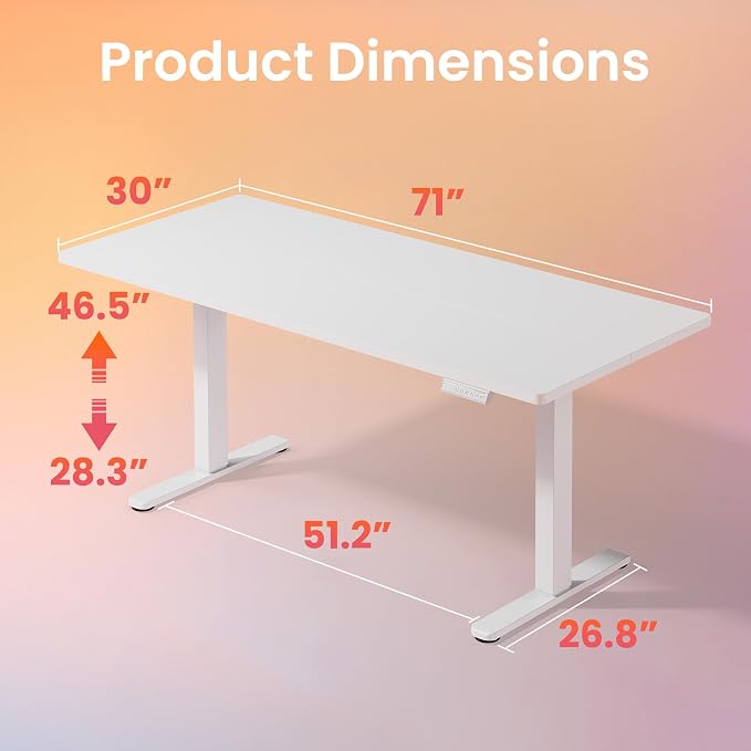 HUANUO 71x30 Inch Electric Standing Desk, Height Adjustable, White | 176 Lbs Capacity, Smooth Home Office Desk, 4 Memory Presets & Headphone Hooks, 28.3–46.5 Inch Height Range, Easy to assemble