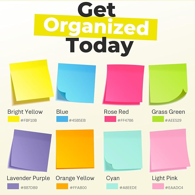 Sticky Notes 3x3 Inches, Bright Colors Self-Stick Pads, Easy to Post for Home, Office, Notebook,100 Sheets/pad (16 Pads)