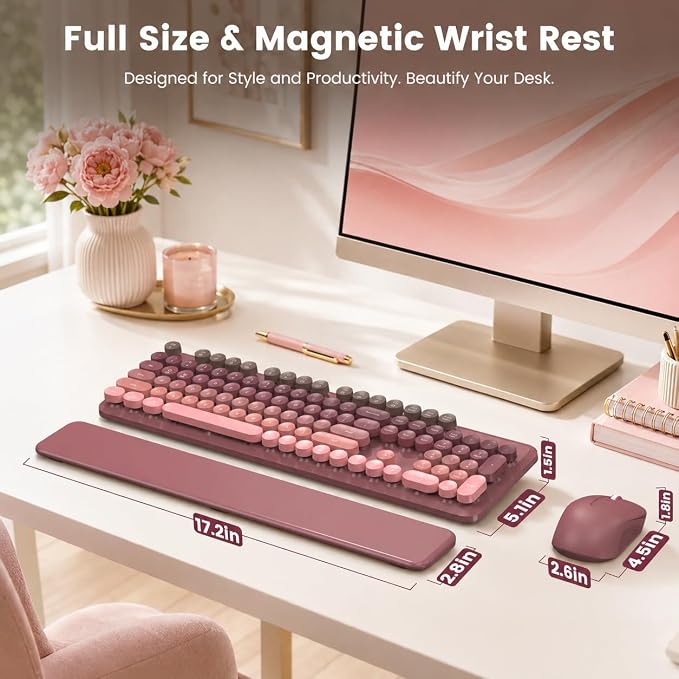 Wireless Keyboard and Mouse Combo, Round Keycaps, Full-Size Retro Typewriter Keyboard with Magnetic Wrist Rest, Tilt Legs, 2.4GHz Cordless for Mac, Windows PC, Laptop, SABLUTE CK23, Dusty Rose Ombre