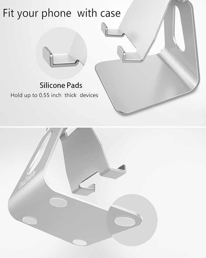 CreaDream Aluminum Cell Phone Stand, Adjustable Phone Holder for Desk | Adjustable Viewing Angle, Desktop Stand, Stable Base, Fits iPhone 17 16 15 14 13 Pro Max, Desk Accessories, Sliver