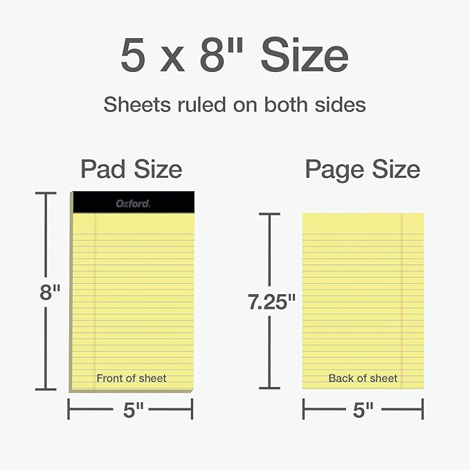 Oxford Legal Pads, Note Pads, 50 Jr. Legal Ruled 5" x 8" Sheets, Canary Yellow Paper with Firm Back, Small Portable Notepads, Proudly Made in the USA, 12 Count (Pack of 12)