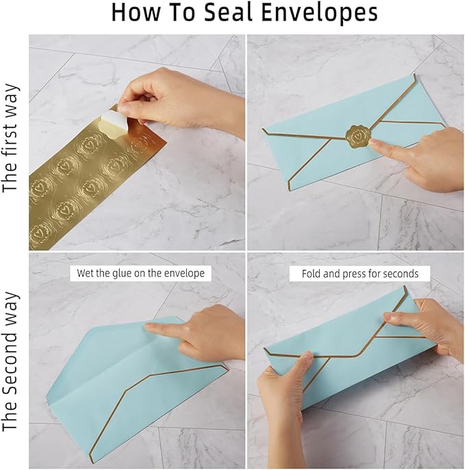 50 Pack #10 Business Envelopes with Gold Border, Self Seal Standard Envelopes with Gold Stickers for Office, Checks, Letter Mailing, Invoices, 4 1/8 x 9 1/2 Inches (Light Blue)